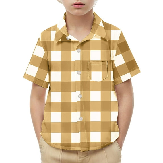 JTSRKL Boys Short Sleeve Plaid T-Shirts Loose Fit Casual Summer Button Down Shirts Lightweight Comfy Basic Cotton Tops with Pockets Khaki 10-11 Years
