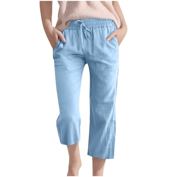 JTSRKL Capri Pants for Girls Lightweight Casual Kids Teens 2025 Summer Drawstring Elastic High Waist Linen Pant Straight Wide Leg Cropped Trouser with Pockets Light Blue 9-10 Years