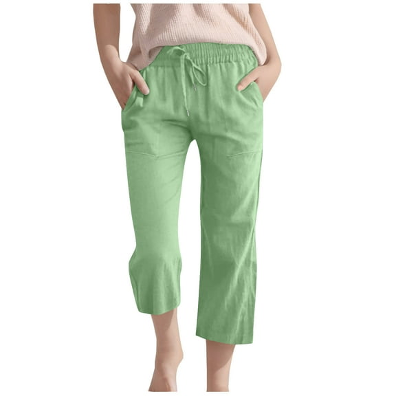 JTSRKL Capri Pants for Girls Lightweight Casual Kids Teens 2025 Summer Drawstring Elastic High Waist Linen Pant Straight Wide Leg Cropped Trouser with Pockets Green#01 13-14 Years