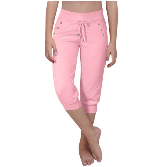JTSRKL Capri Pants for Girls High Waisted Drawstring Joggers Stretch Lightweight Casual Button Decor Hiking Pant Capris with Pockets Pink 11-12 Years