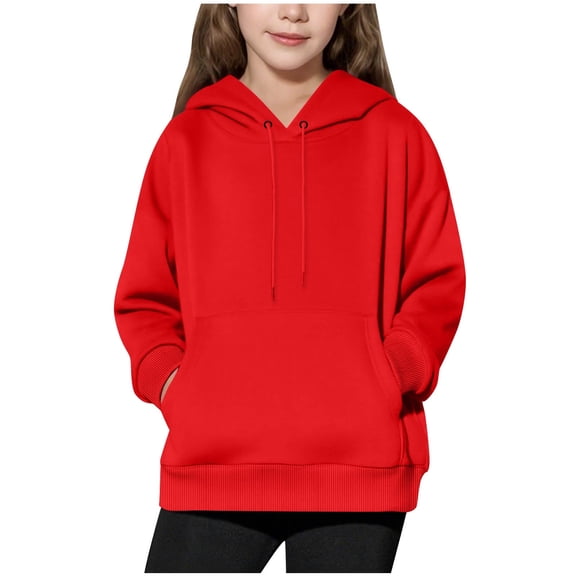 JTSRKL Children's Hoodie Tops Lightweight Casual Fall Long Sleeve Hooded Pullover Sweatshirts Loose Oversized Soft Cotton Basic Teens Girls Outfit Clothes with Pockets Red 9-10 Years