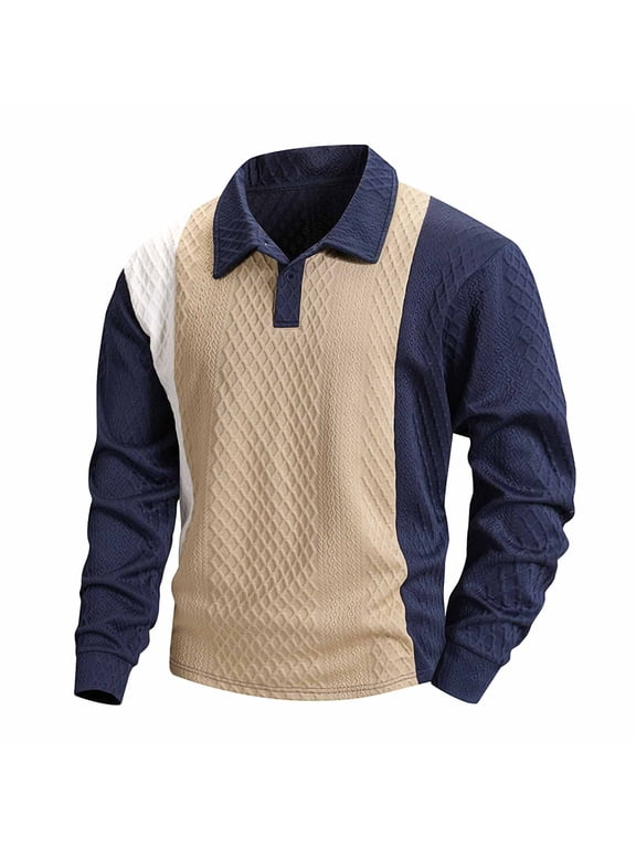 Colorblock Pullover Shirts for Men Loose Stylish Lapel 3-Button Long Sleeve Casual Tops Soft Cozy Patchwork Jacquard Relaxed Fit T-Shirts