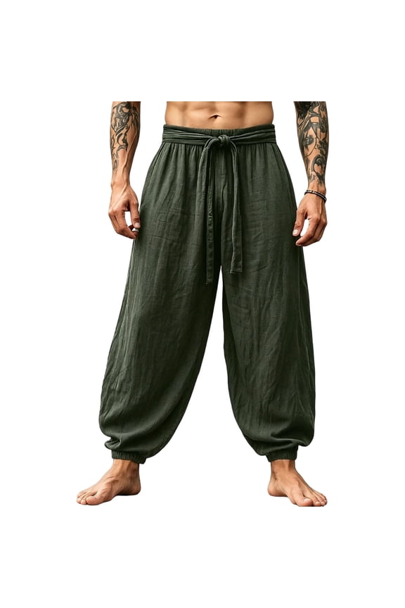 Cotton Linen Blend Harem Pants for Men Wrap Tie Waist Loose Fit Breathable Beach Bottoms Drawstring Elastic Pockets Casual Trousers
