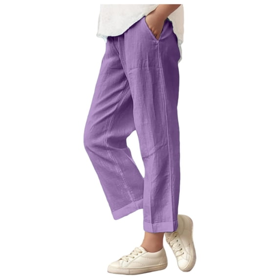 JTSRKL Cotton Linen Pants Teen Girls Summer Plus Size Trendy Elastic Waist Straight Leg Crop Pants Casual Beach Trousers with Pockets Purple 10-11 Years