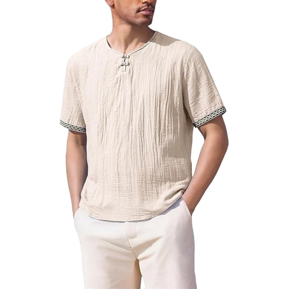 JTSRKL Crinkled Vintage Shirts for Men Solid Short Sleeve Crewneck Tees Lightweight Breathable Summer Casual Relaxed Wrinkle Texture Tops Beige S