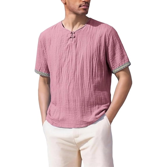 JTSRKL Crinkled Vintage Shirts for Men Solid Short Sleeve Crewneck Tees Lightweight Breathable Summer Casual Relaxed Wrinkle Texture Tops Pink S