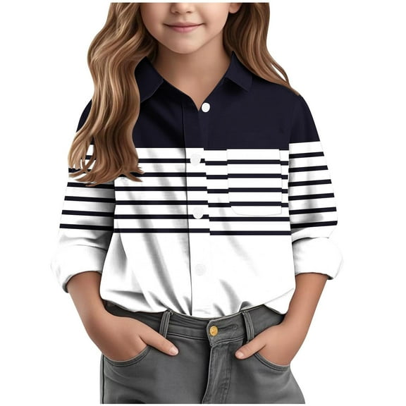 JTSRKL Cute Boys Girls Leisure T-Shirts Kids Rolled up Long Sleeve Button Down Striped Color Block Graphic Tees Shirt Tops with Pockets Black 15-16 Years