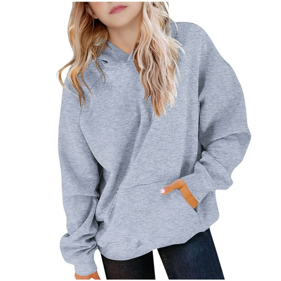 JTSRKL Cute Girls Long Sleeve Hoodies Lightweight Casual Fleece Hooded Pullover Sweatshirts Loose Oversized Baggy Hoodie Tops with Kangaroo Pockets Gray 11-12 Years