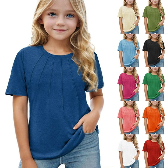 JTSRKL Cute Girls Pleated T Shirts Kids Summer Short Sleeve Fashion Crewneck Basic Workout Tees Shirt Tops Dressy Casual Tunic Blouse Dark Blue 4-5 Years
