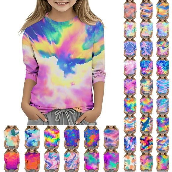 JTSRKL Cute Kids Girls 3/4 Sleeve Ombre Tops Casual Tie Dye Gradient Print Basic Crewneck Workout Tees Shirt Loose Lightweight Comfy Tunic Blouse for Teens Multicolor#22 7-8 Years