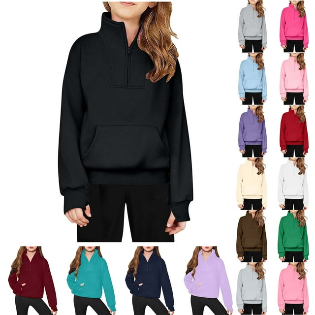 JTSRKL Cute Kids Girls Half Zip Sweatshirt Lightweight Teen Girls Casual Solid Color Fleece Thumb Hole Long Sleeve Quarter Zip Pullover Sweatshirts Tops with Pockets Black 7-8 Years