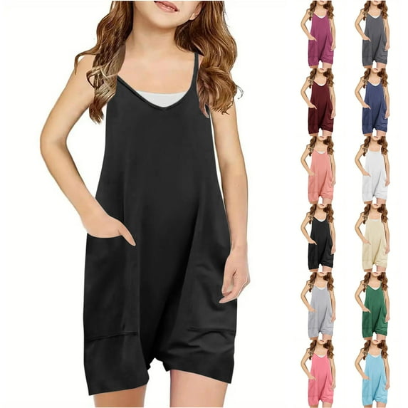 JTSRKL Cute Kids Girls Jumpsuits Casual Solid Color Summer Sleeveless Spaghetti Strappy Shorts Jumpsuit Loose Fit Rompers Teens Outfit Clothes with Big Pockets Hot Pink 5-6 Years