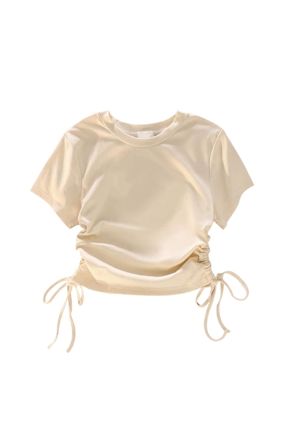 Cute Kids Girls Short Sleeve Ruched Tops Cute Crop Tops Trendy Summer Drawstring Crewneck Basic Athletic Workout Tee T Shirt Beige 10-11 Years