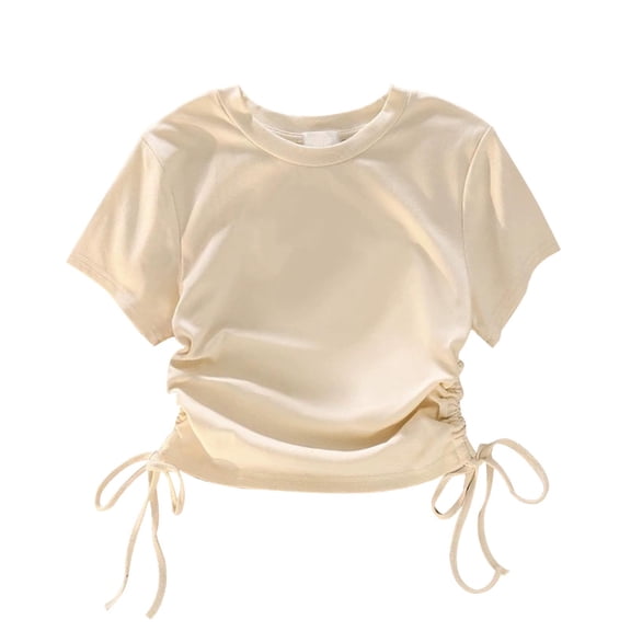 JTSRKL Cute Kids Girls Short Sleeve Ruched Tops Cute Crop Tops Trendy Summer Drawstring Crewneck Basic Athletic Workout Tee T Shirt Beige 6-7 Years
