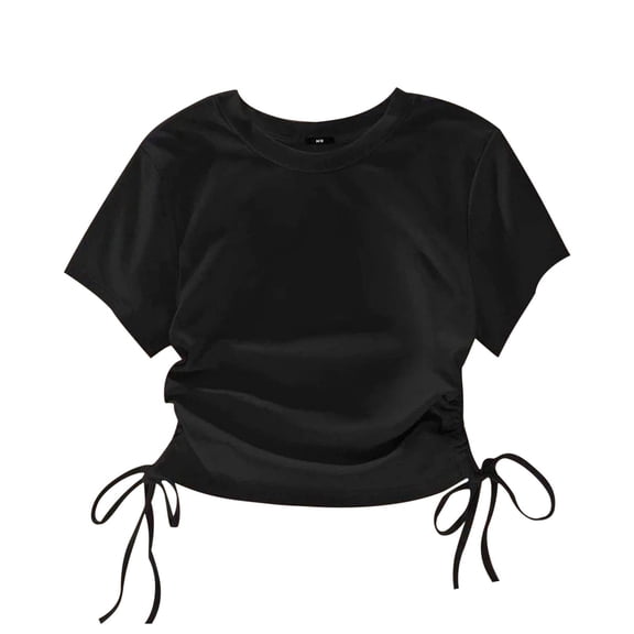 JTSRKL Cute Kids Girls Short Sleeve Ruched Tops Cute Crop Tops Trendy Summer Drawstring Crewneck Basic Athletic Workout Tee T Shirt Black 8-9 Years