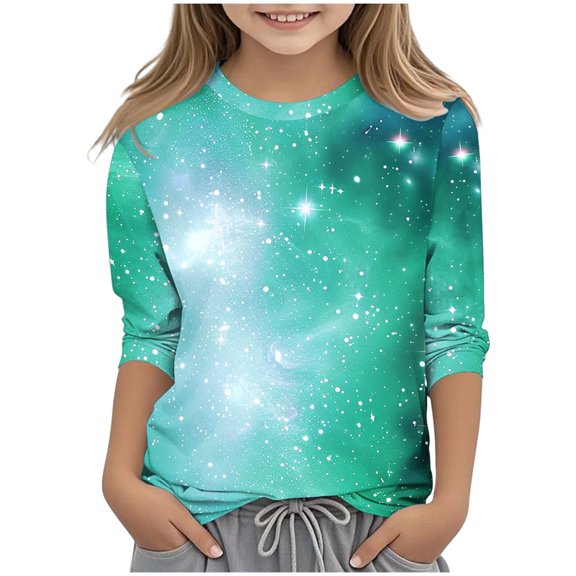 JTSRKL Cute Kids Novelty Tie Dye Starry Sky Print T-Shirts Loose Fit Casual Fall 3/4 Sleeve Graphic Tees Tops Trendy Basic Tunic Blouse Green#01 5-6 Years