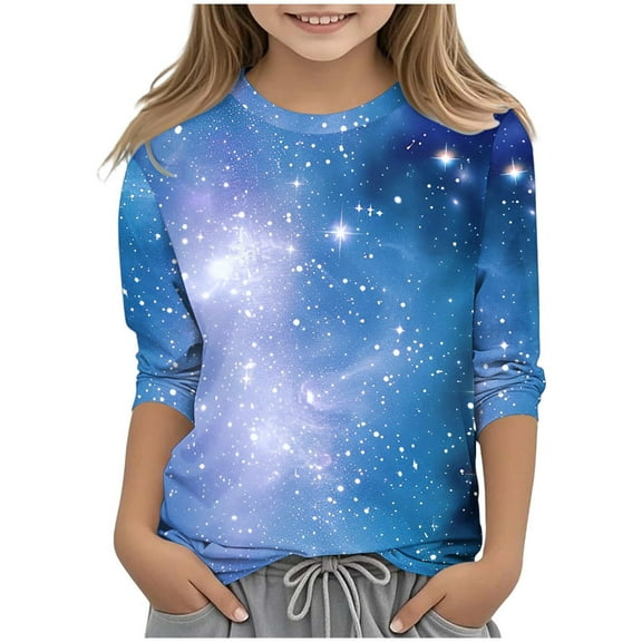 JTSRKL Cute Kids Novelty Tie Dye Starry Sky Print T-Shirts Loose Fit Casual Fall 3/4 Sleeve Graphic Tees Tops Trendy Basic Tunic Blouse Navy 4-5 Years