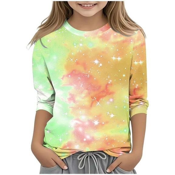 JTSRKL Cute Kids Novelty Tie Dye Starry Sky Print T-Shirts Loose Fit Casual Fall 3/4 Sleeve Graphic Tees Tops Trendy Basic Tunic Blouse Orange 3-4 Years