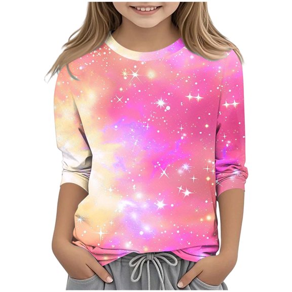 JTSRKL Cute Kids Novelty Tie Dye Starry Sky Print T-Shirts Loose Fit Casual Fall 3/4 Sleeve Graphic Tees Tops Trendy Basic Tunic Blouse Pink 4-5 Years
