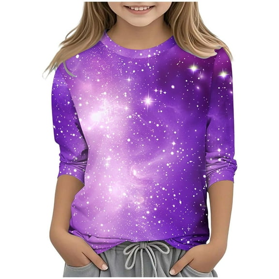 JTSRKL Cute Kids Novelty Tie Dye Starry Sky Print T-Shirts Loose Fit Casual Fall 3/4 Sleeve Graphic Tees Tops Trendy Basic Tunic Blouse Purple#01 3-4 Years