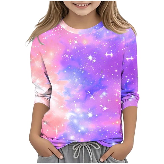 JTSRKL Cute Kids Novelty Tie Dye Starry Sky Print T-Shirts Loose Fit Casual Fall 3/4 Sleeve Graphic Tees Tops Trendy Basic Tunic Blouse Purple 4-5 Years