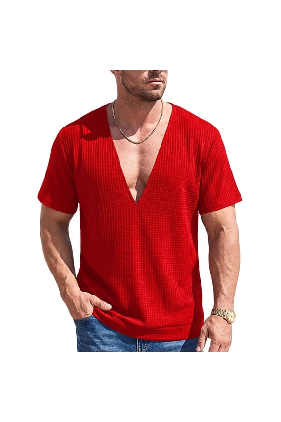 Deep V Neck Tees for Men Waffle Ribbed Knit Loose Fit Lightweight Flex Shirts Summer Casual Gym Workout Daily Comfort Soft Tops