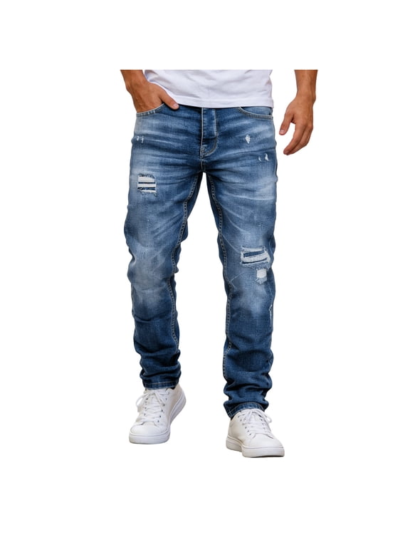Distressed Denim Jeans for Men Slim Fit Ripped Muscle Classic Bottoms Washed Stylish Zip Fly Relaxed Streetwear Trousers