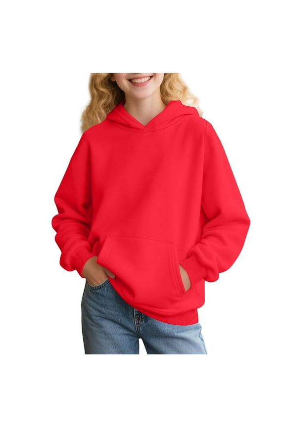 Fall Long Sleeve Hooded Sweatshirts for Kids Teens Girls Cute Hoodie Tops Loose Oversized Soft Cotton Outwear Pullover Sweatshirts with Pockets Red 13-14 Years