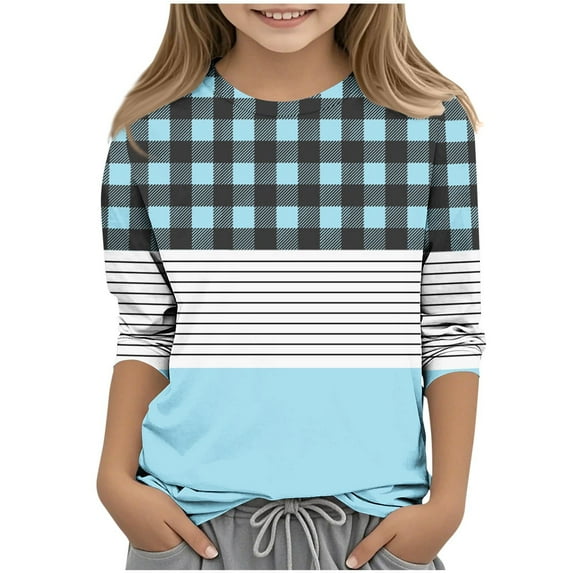 JTSRKL Fall Shirts Teen Girls Cute 3/4 Lenght Sleeve Plaid Striped Color Block Print Crewneck Basic Workout Tees Shirt Loose Fit Cotton Tunic Blouse Tops Light Blue 9-10 Years