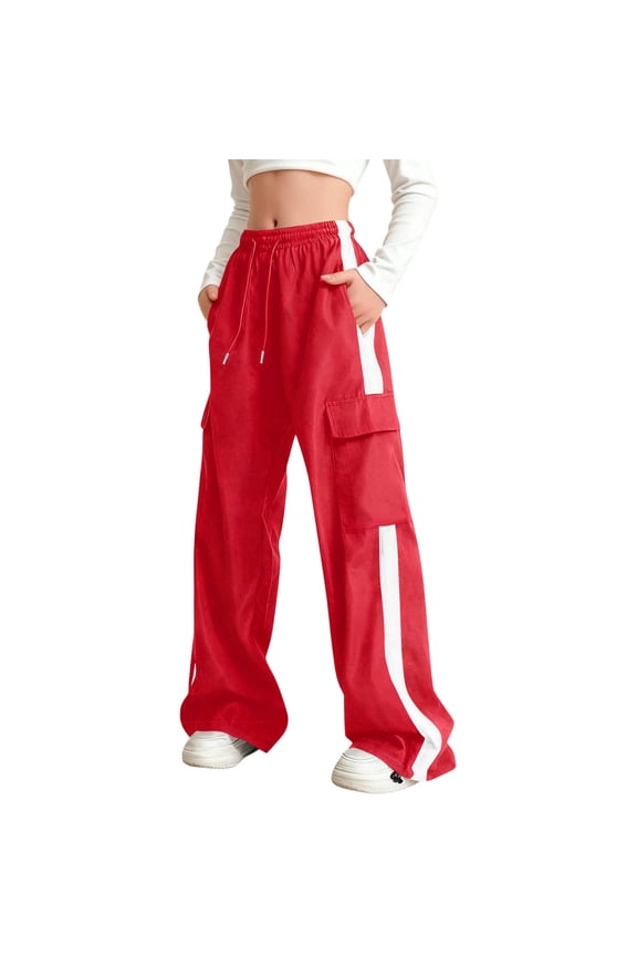 Fashion Boys Girls Cargo Sweatpants Cute Kids Wide Leg Athletic Pants Striped Color Block Drawstring Elastic Waist Stretch Sports Trousers with Multi Pockets Red 15-16 Years
