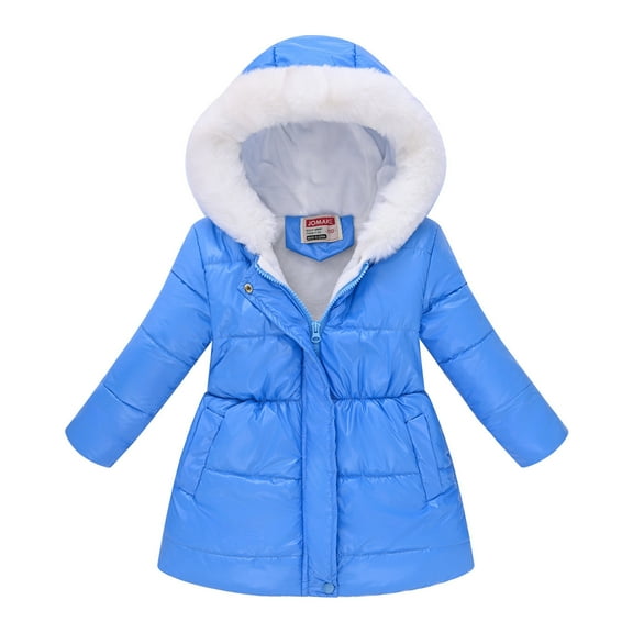 JTSRKL Girl's Fleece Line Hooded Jacket Faux Fuzzy Trim Winter Warm Coat Full Zip up Long Padded Outwear Snow Puffer Jackets with Pockets Blue 4-5 Years