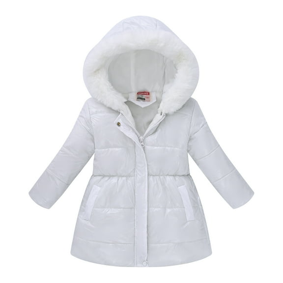 JTSRKL Girl's Fleece Line Hooded Jacket Faux Fuzzy Trim Winter Warm Coat Full Zip up Long Padded Outwear Snow Puffer Jackets with Pockets White 4-5 Years