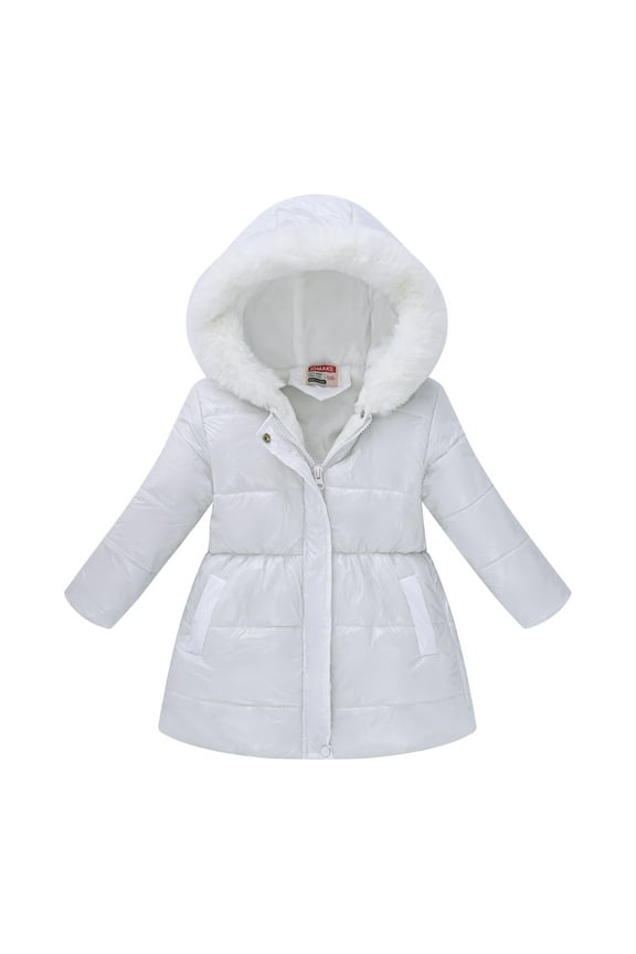 Girl's Fleece Line Hooded Jacket Faux Fuzzy Trim Winter Warm Coat Full Zip up Long Padded Outwear Snow Puffer Jackets with Pockets White 4-5 Years