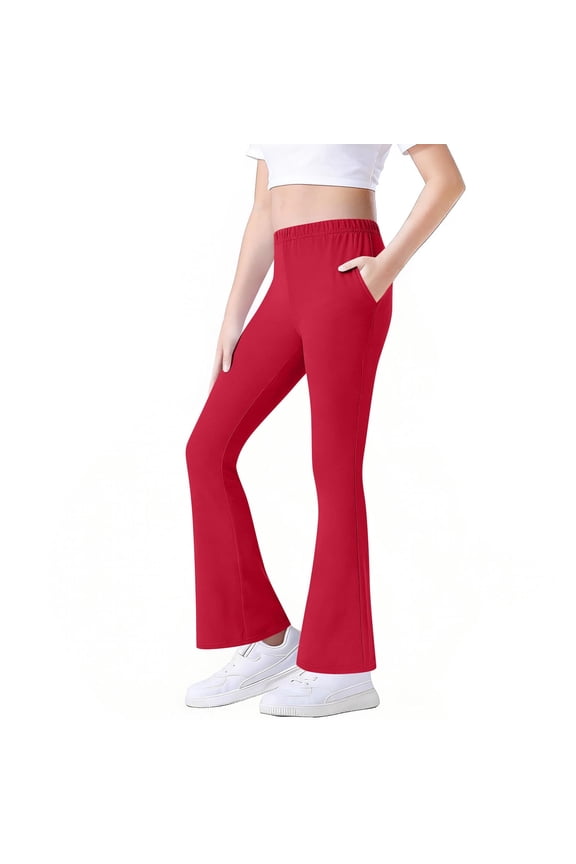Girl's Leggings Stretchy High Waisted Flare Yoga Pants Bootcut Pants Tummy Control Basic Solid Color Full Length Bell Bottoms with Pockets Red 11-12 Years