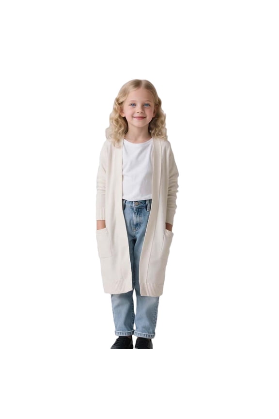 Girl's Open Front Cardigan Fall Winter Long Sleeve Knit Sweaters Kids Solid Cute Casual Loose Outerwear Coats with Pockets Beige 3-4 Years