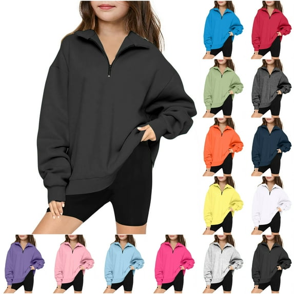 JTSRKL Girls' 1/4 Zipper Sweatshirts Lightweight Casual Oversized Long Sleeve Pullover Tops Cute Kids Teens Half Zipper Lapel V Neck Hoodie Sweater Hot Pink 13-14 Years