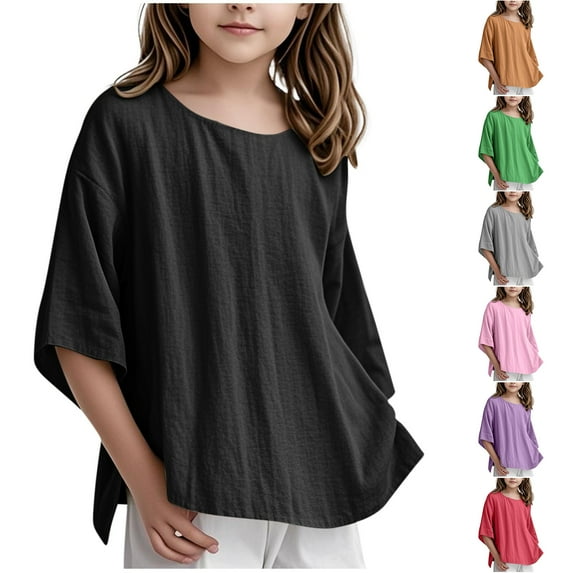 JTSRKL Girls 3/4 Sleeve Linen Shirts Lightweight Soft Cotton Summer Crewneck T-Shirts Kids Tops Trendy Oversized Solid Color Tunic Tees Blouse Red 7-8 Years