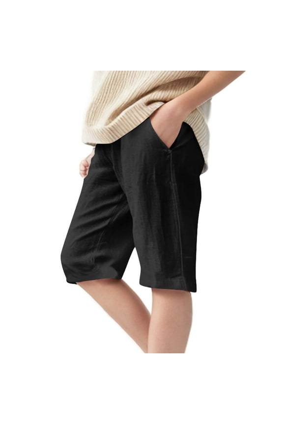 Girls Bermuda Shorts Casual Summer Beach Drawstring Elastic High Waist Baggy Shorts with Pocket Knee Length Loose Cute Vacation Short Black 10-11 Years