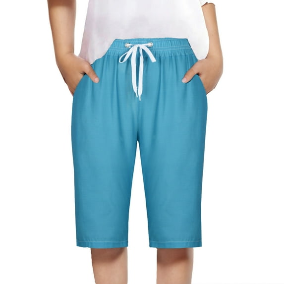 JTSRKL Girls Bermuda Shorts Casual Summer Beach Drawstring Elastic High Waist Baggy Shorts with Pocket Knee Length Loose Cute Vacation Short Blue 10-11 Years