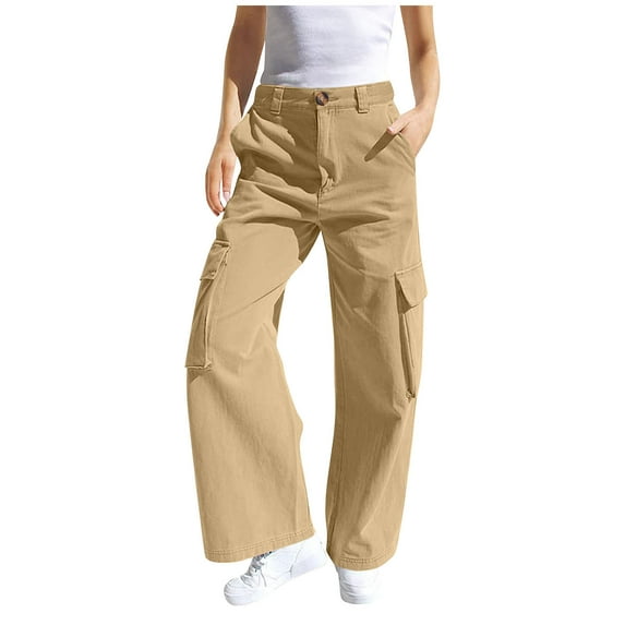 JTSRKL Girls Cargo Pants Baggy Y2K Kids High Waist Sweatpants Flap Loose Fit Straight Wide Leg Casual Trousers with Multi-Pockets Khaki 10-11 Years