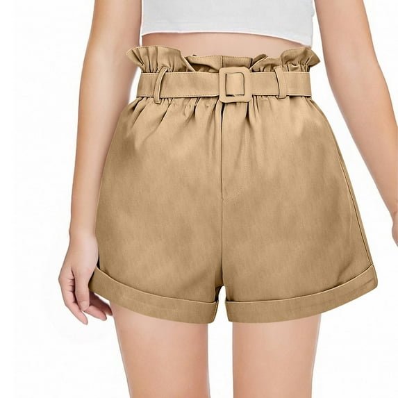 JTSRKL Girls Casual Baggy Trendy Short Pants Smoked High Waist Wide Leg Comfy Shorts with Belt Khaki 3-4 Years