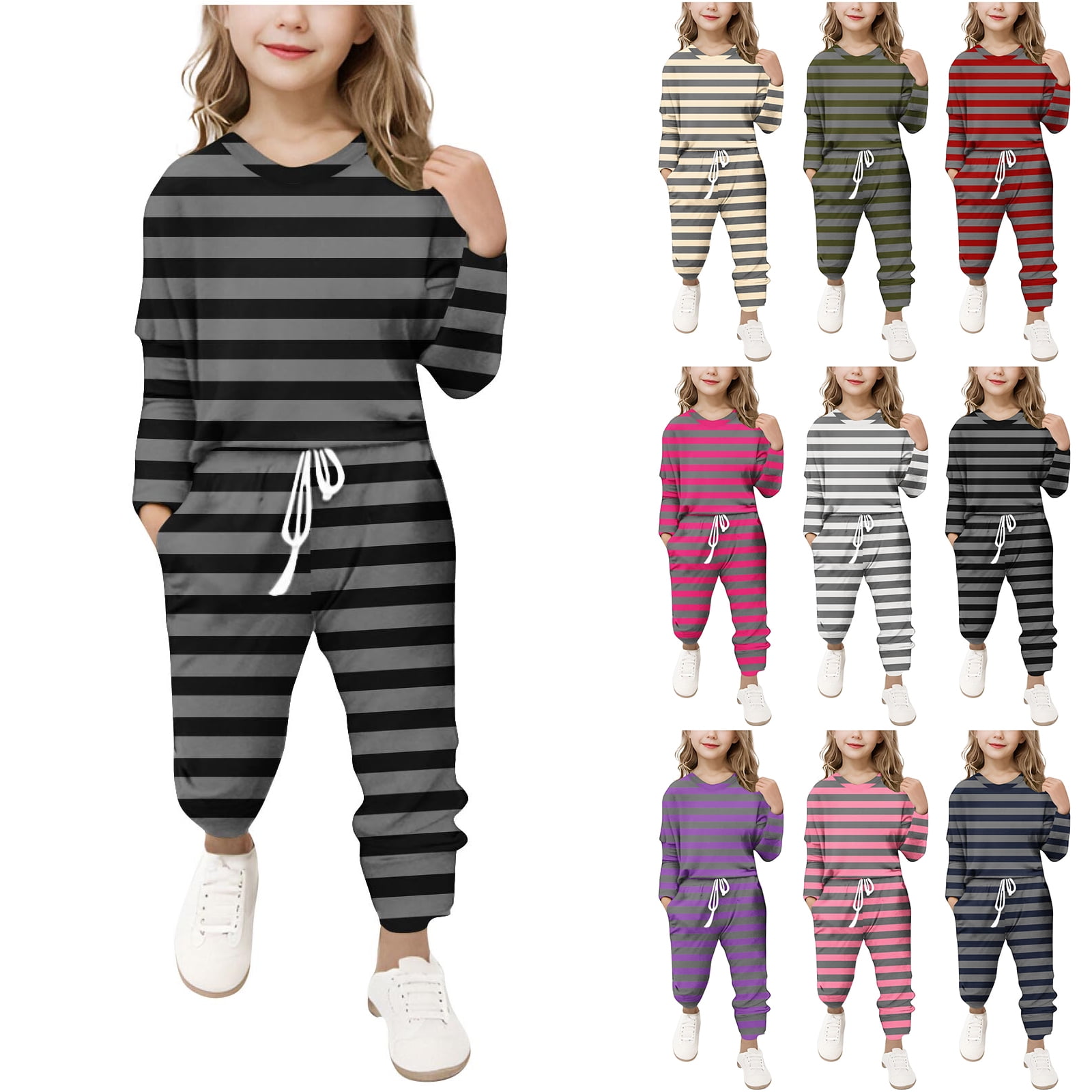 Girls Colorblocked Full Sleeve Sweatshirt With Striped Joggers