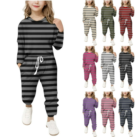 JTSRKL Girls Fashion Two Piece Tracksuit Casual Striped Print Long Sleeve Sweatshirts and Drawstring Elastic Waist Baggy Sweatpants Kids Loungewear Outfit Clothes Army Green 7-8 Years