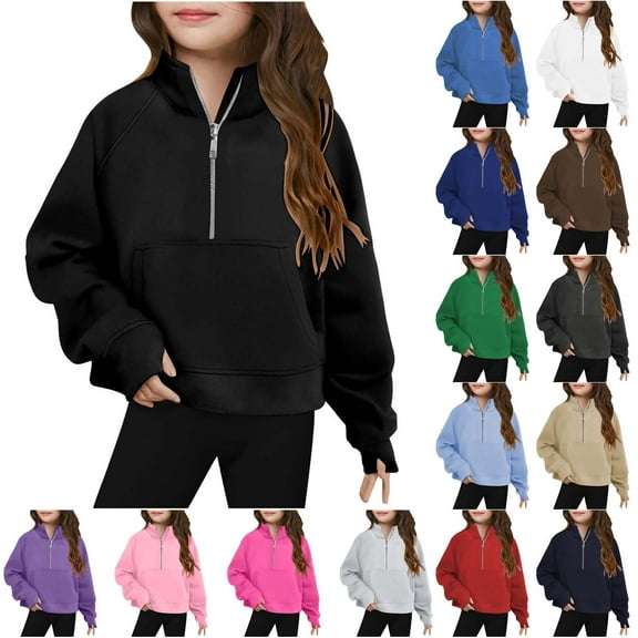 JTSRKL Girls Half Zipper Sweatshirts Cute Trendy Spring Fashion Pullover Crop Tops for Teen Girls Thumb Hole Long Sleeve Sweater Clothes with Pockets Red 9-10 Years