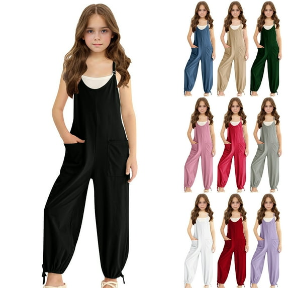 JTSRKL Girls Jumpsuit Romper Sleeveless Cute Long Pants Casual Solid Color Adjustable Spaghetti Strappy Plain Color Leisure Overalls with Side Pockets Black 5-6 Years