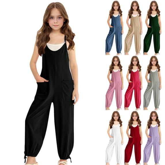 JTSRKL Girls Jumpsuit Romper Sleeveless Cute Long Pants Casual Solid Color Adjustable Spaghetti Strappy Plain Color Leisure Overalls with Side Pockets Purple 5-6 Years