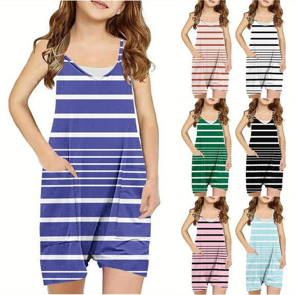 JTSRKL Girls Jumpsuits Casual Striped Print Sleeveless Spaghetti Strappy Overalls Rompers Loose Fit Cute Kids Summer Shorts Jumpsuit with Big Pockets Black 5-6 Years