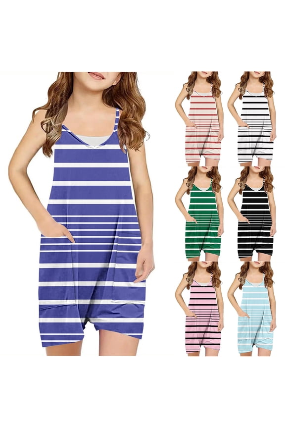 Girls Jumpsuits Casual Striped Print Sleeveless Spaghetti Strappy Overalls Rompers Loose Fit Cute Kids Summer Shorts Jumpsuit with Big Pockets White 5-6 Years