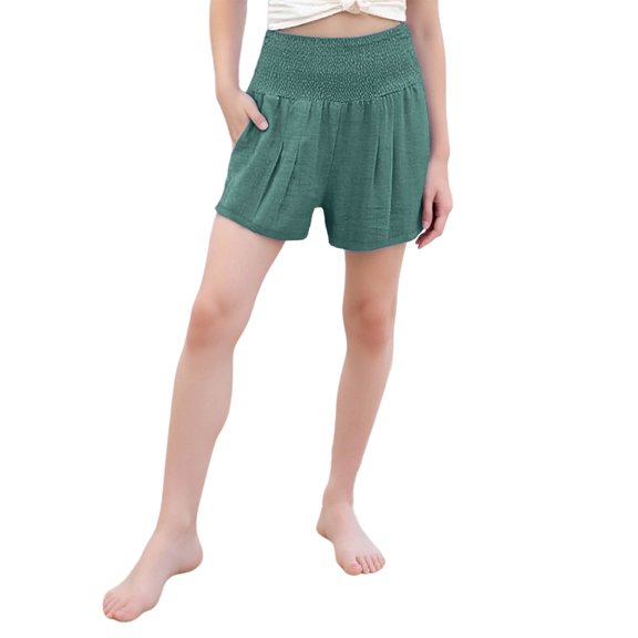 JTSRKL Girls Linen Shorts Lightweight Casual Smocked Elastic High Waisted Summer Beach Shorts with Pockets Green 13-14 Years