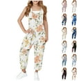 thumbnail image 1 of JTSRKL Girls Long Jumpsuits Cute Sleeveless Spaghetti Strappy V Neck Rompers Casual Floral Stars Print Loose Fit Overalls Rompers with Pockets Kids Summer Outfit Clothes 2025 Beige 13-14 Years, 1 of 9